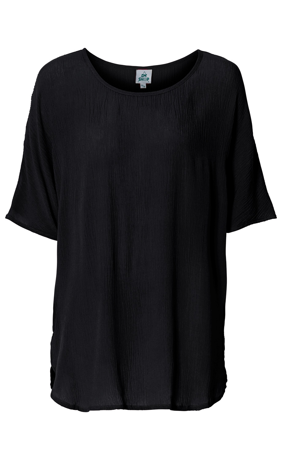 schwarze Viskose-Bluse mit kurzen Ärmeln, rundem Ausschnitt und leicht strukturierter Oberfläche, locker geschnitten