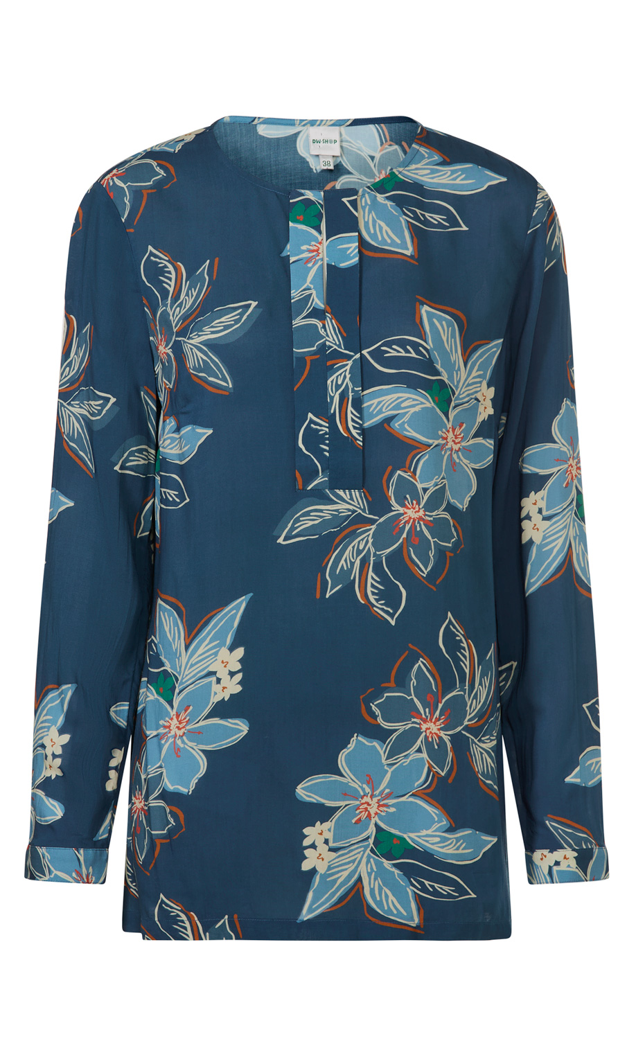 blaue Modal-Bluse mit langem Arm, Rundhalsausschnitt, Knopfleiste und großem floralen Muster in Hellblau, Weiß, Grün und Braun, lockere Passform