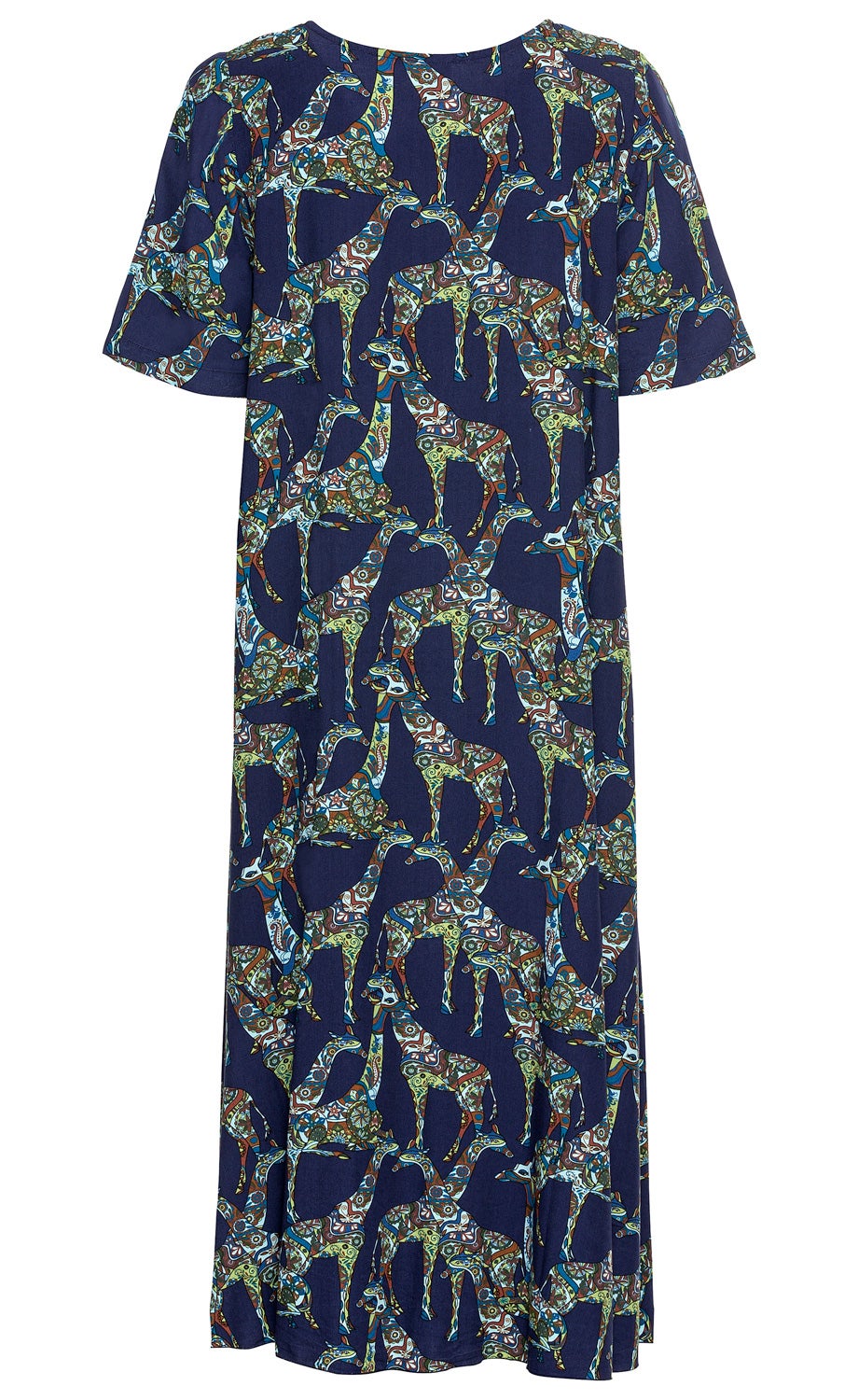 Viskose-Kleid in dunkelblau mit farbenfrohem, dekorativem Giraffenmuster, kurzen Ärmeln, rundem Ausschnitt und lockerem, knöchellangem Schnitt