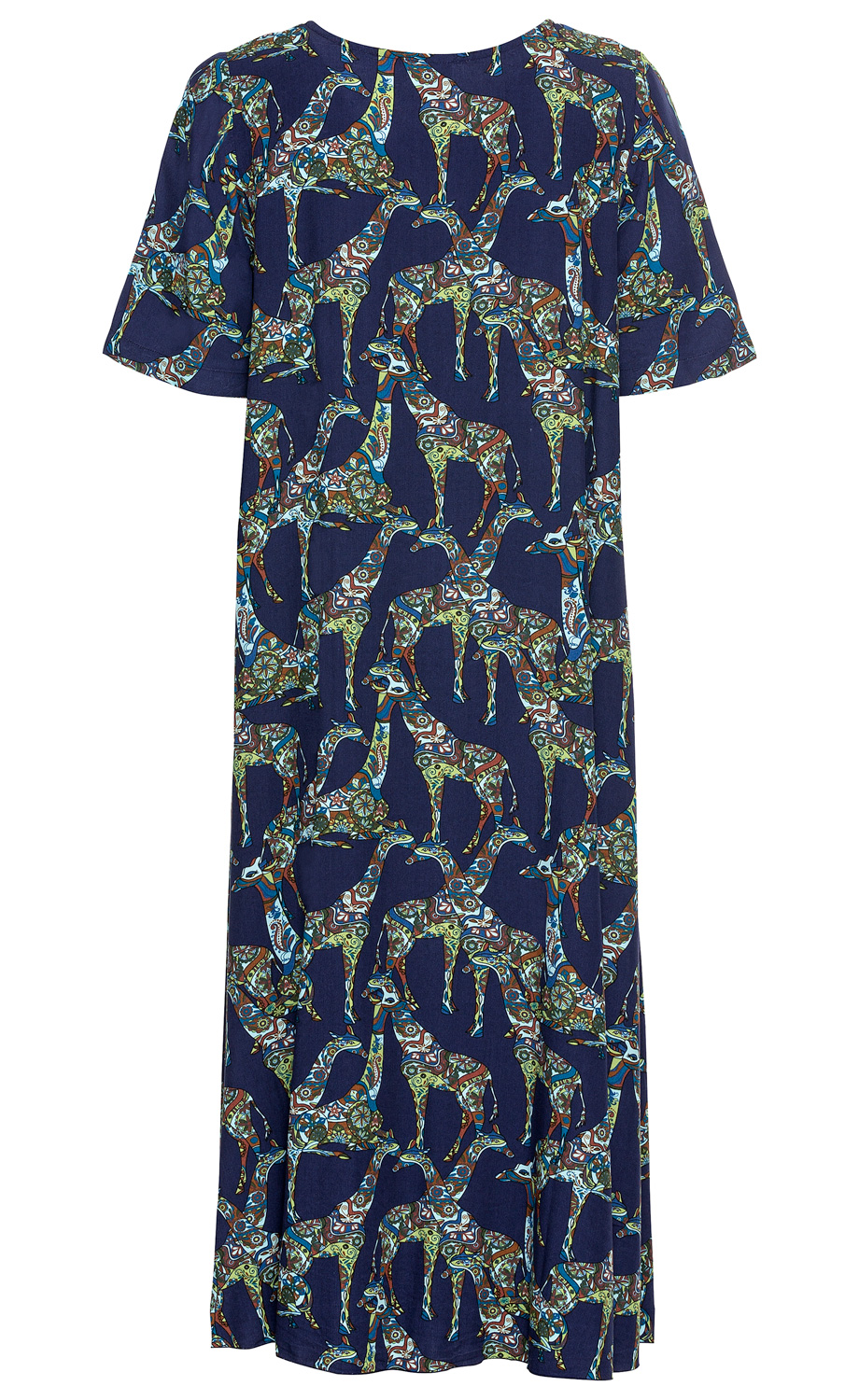 Viskose-Kleid in dunkelblau mit farbenfrohem, dekorativem Giraffenmuster, kurzen Ärmeln, rundem Ausschnitt und lockerem, knöchellangem Schnitt