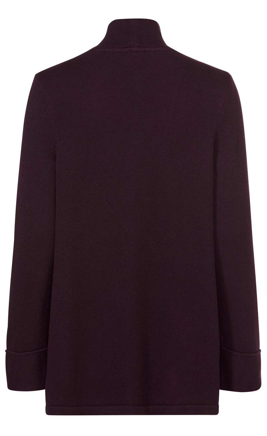 Baumwoll-Mix-Strickjacke in dunklem Aubergine, Rückansicht, langärmlig, mit Stehkragen und umgeschlagenen Ärmelsäumen, fein gestrickt, gerader Schnitt