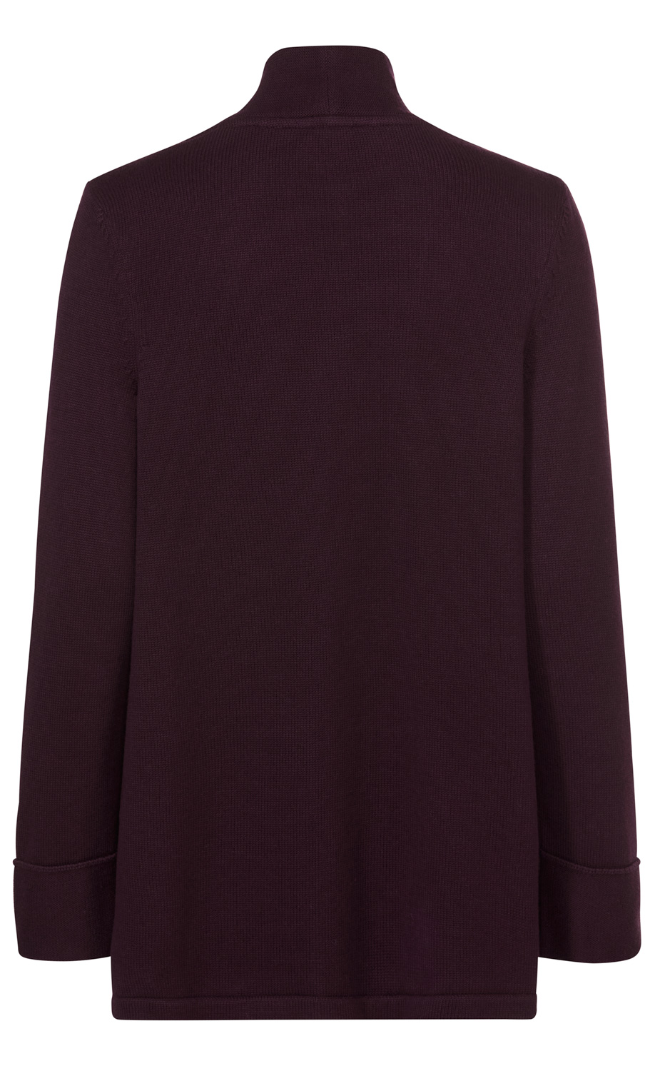 Baumwoll-Mix-Strickjacke in dunklem Aubergine, Rückansicht, langärmlig, mit Stehkragen und umgeschlagenen Ärmelsäumen, fein gestrickt, gerader Schnitt