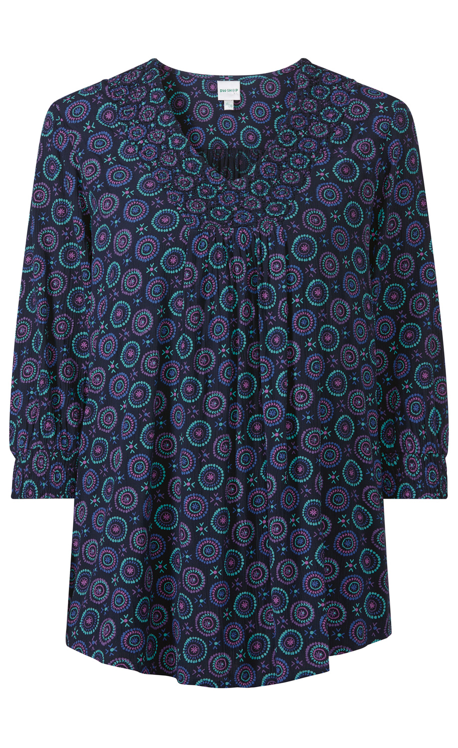 Viskose-Bluse mit dreiviertel langen Ärmeln, dunkelblauem Stoff mit buntem Kreismuster in Blau und Violett, V-Ausschnitt mit dekorativer Rüscheneinfassung und leichtem Faltenwurf unterhalb des Kragens.