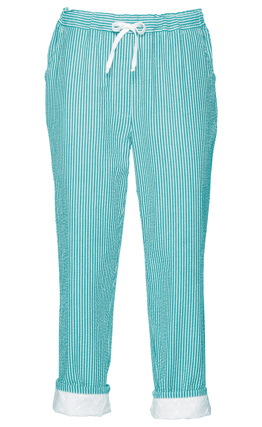 Baumwoll-Hose mit türkisen und weißen senkrechten Streifen, elastischem Bund mit weißem Kordelzug und hochgekrempeltem Beinabschluss mit weißem, besticktem Stoffeinsatz