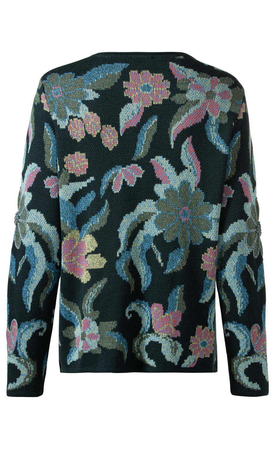 Baumwoll-Strickjacke mit langem Arm, schwarzem Grundton und floralem Muster in Blau, Grün und Rosa, Rückansicht