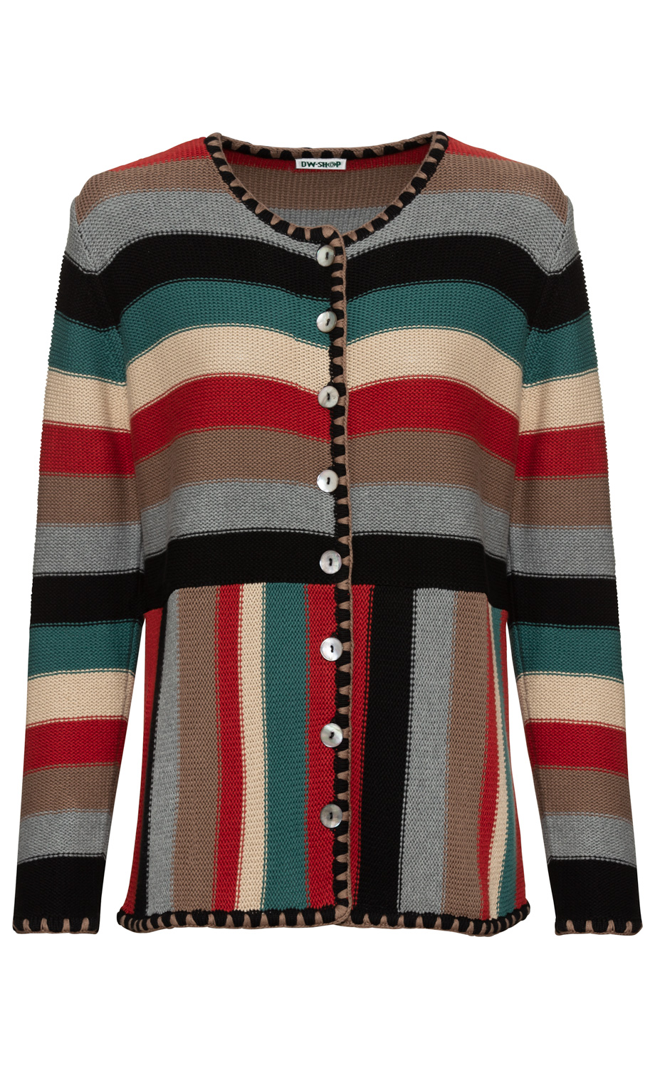 Baumwoll-Strickjacke mit Knopfleiste, Rundhalsausschnitt, langen Ärmeln und breiten horizontalen Streifen in Rot, Schwarz, Grau, Beige, Braun und Petrol, dekorativer kontrastierender Randabschluss