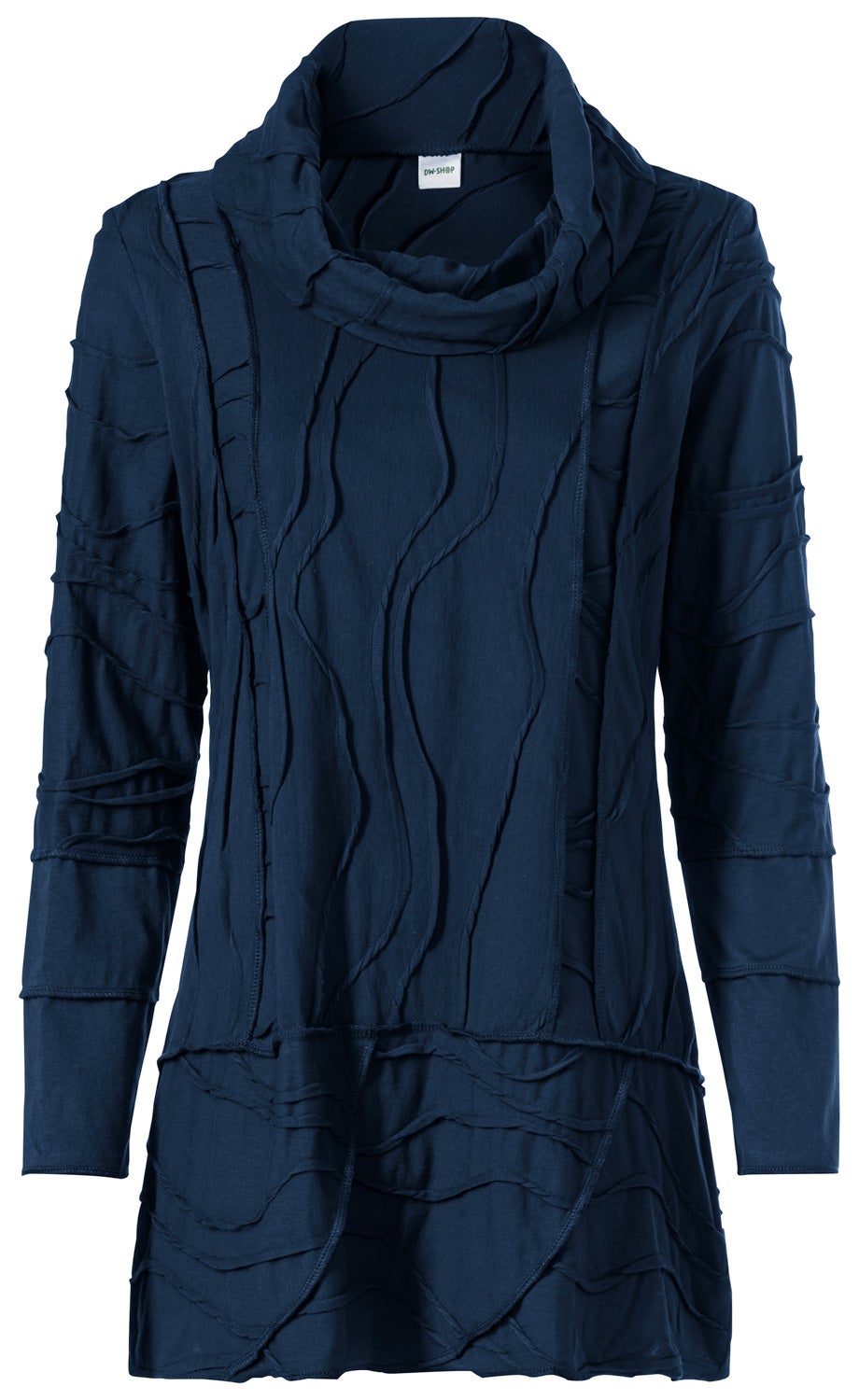 dunkelblaues Baumwoll-Shirt mit langem Arm, asymmetrischem Schnitt, dekorativen Nähten und verlängerter Rückenpartie, hoher Kragen, leicht strukturierte Oberfläche