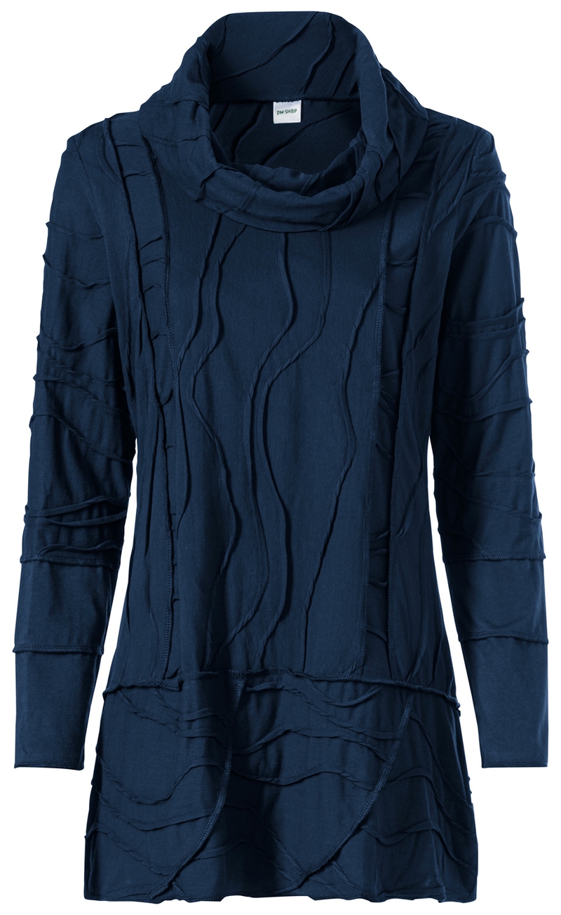 dunkelblaues Baumwoll-Shirt mit langem Arm, asymmetrischem Schnitt, dekorativen Nähten und verlängerter Rückenpartie, hoher Kragen, leicht strukturierte Oberfläche