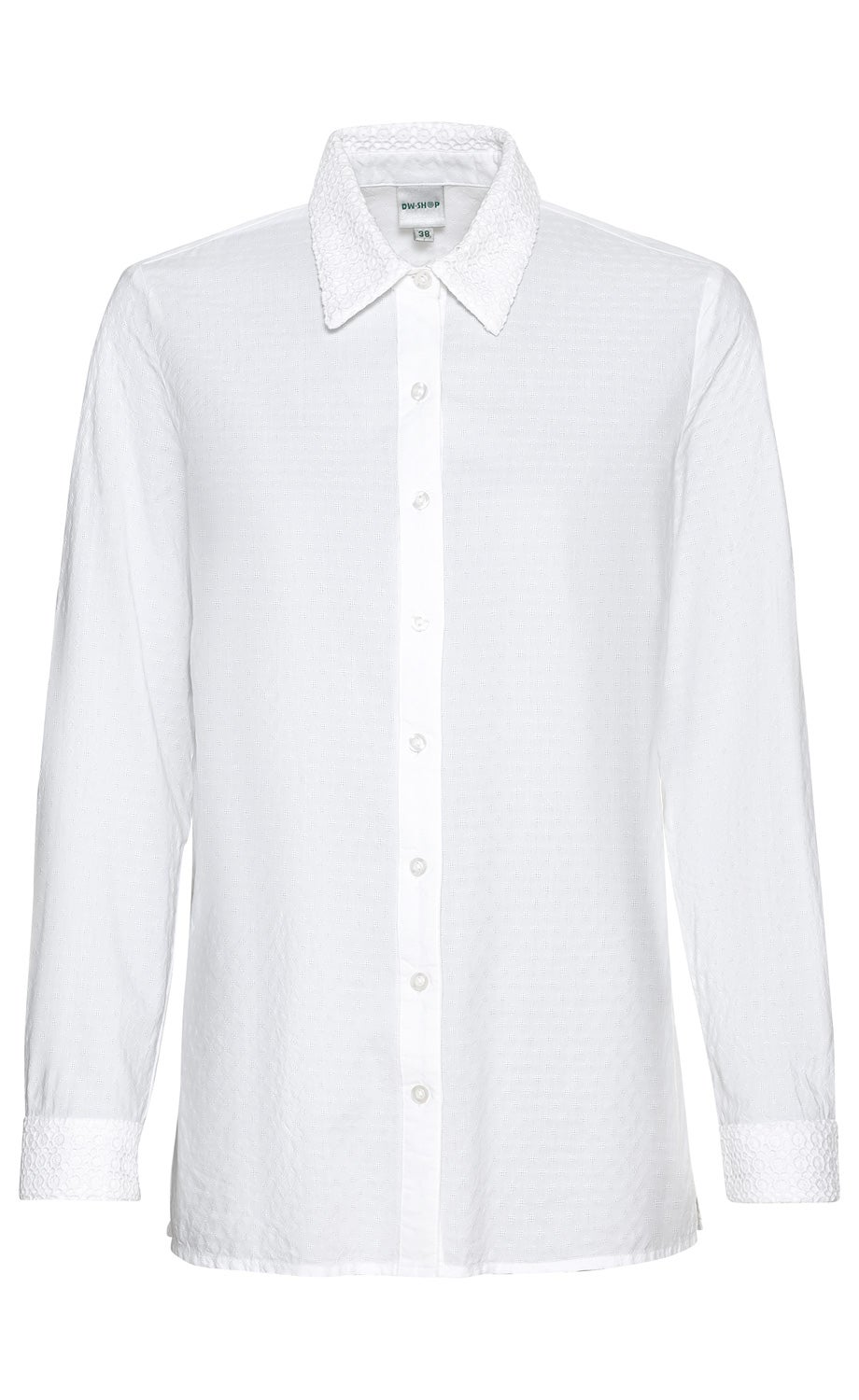 Weiße Baumwoll-Mix-Bluse mit langen Ärmeln, durchgehender Knopfleiste, Hemdkragen und Manschetten mit feinem, strukturiertem Muster, Größe 38, Frontansicht vor weißem Hintergrund.