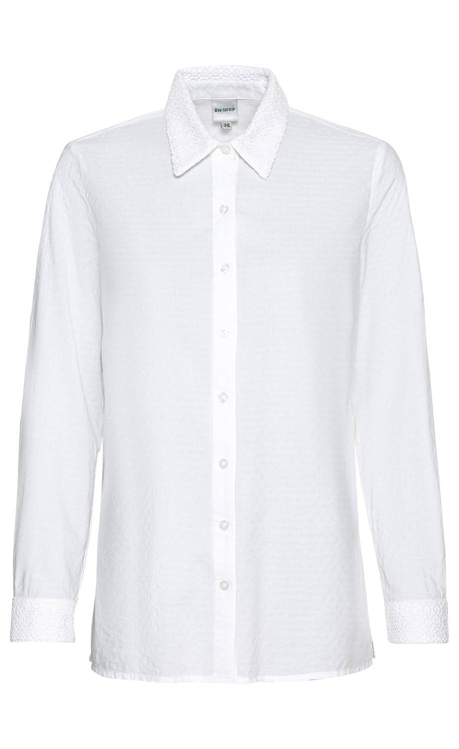 Weiße Baumwoll-Mix-Bluse mit langen Ärmeln, durchgehender Knopfleiste, Hemdkragen und Manschetten mit feinem, strukturiertem Muster, Größe 38, Frontansicht vor weißem Hintergrund.