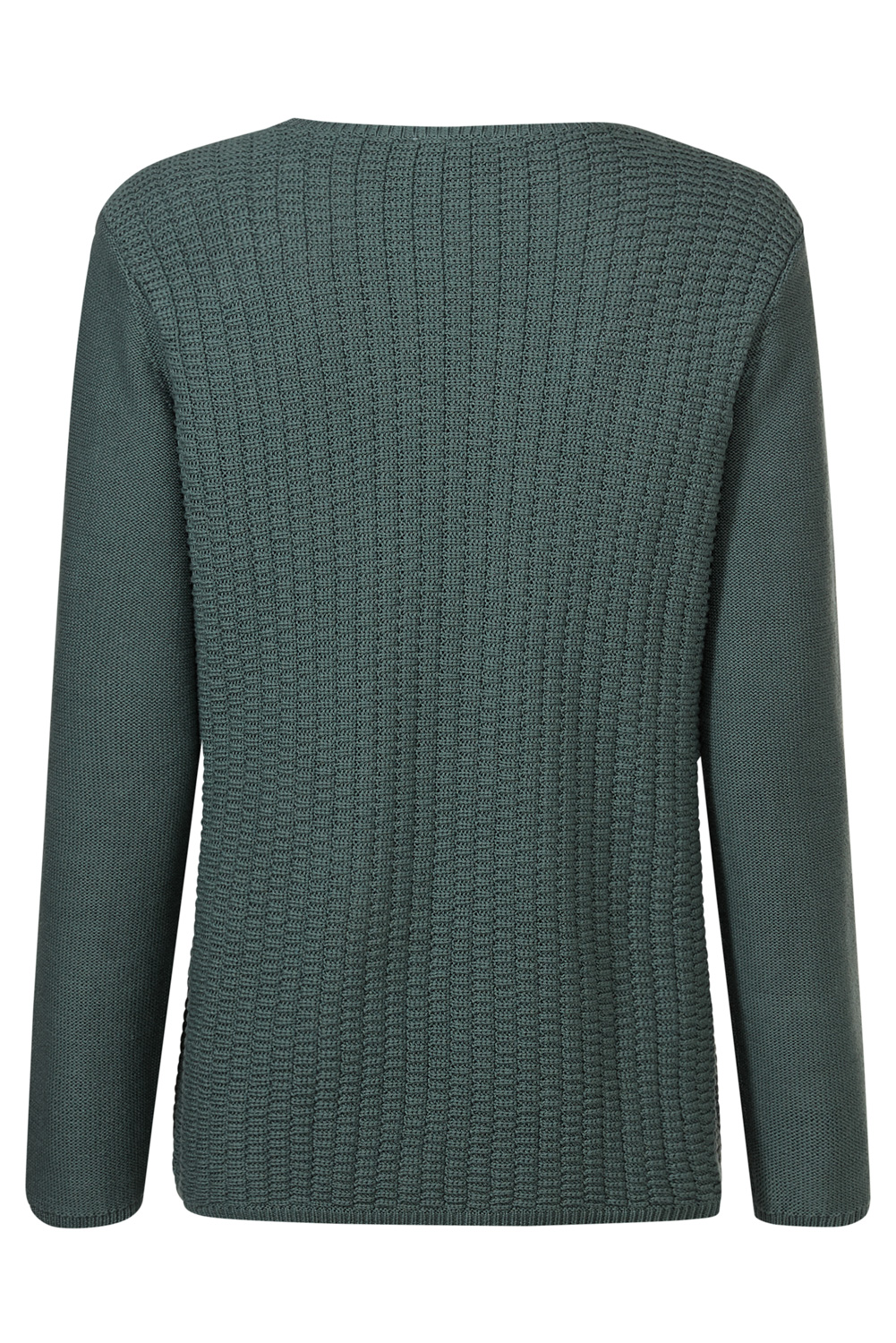 Baumwoll-Pullover, Rückansicht, dunkelgrün, strukturierte Strickmuster auf dem Rücken, glatte Ärmel, lange Ärmel, klassischer Rundhalsausschnitt, einfache Passform