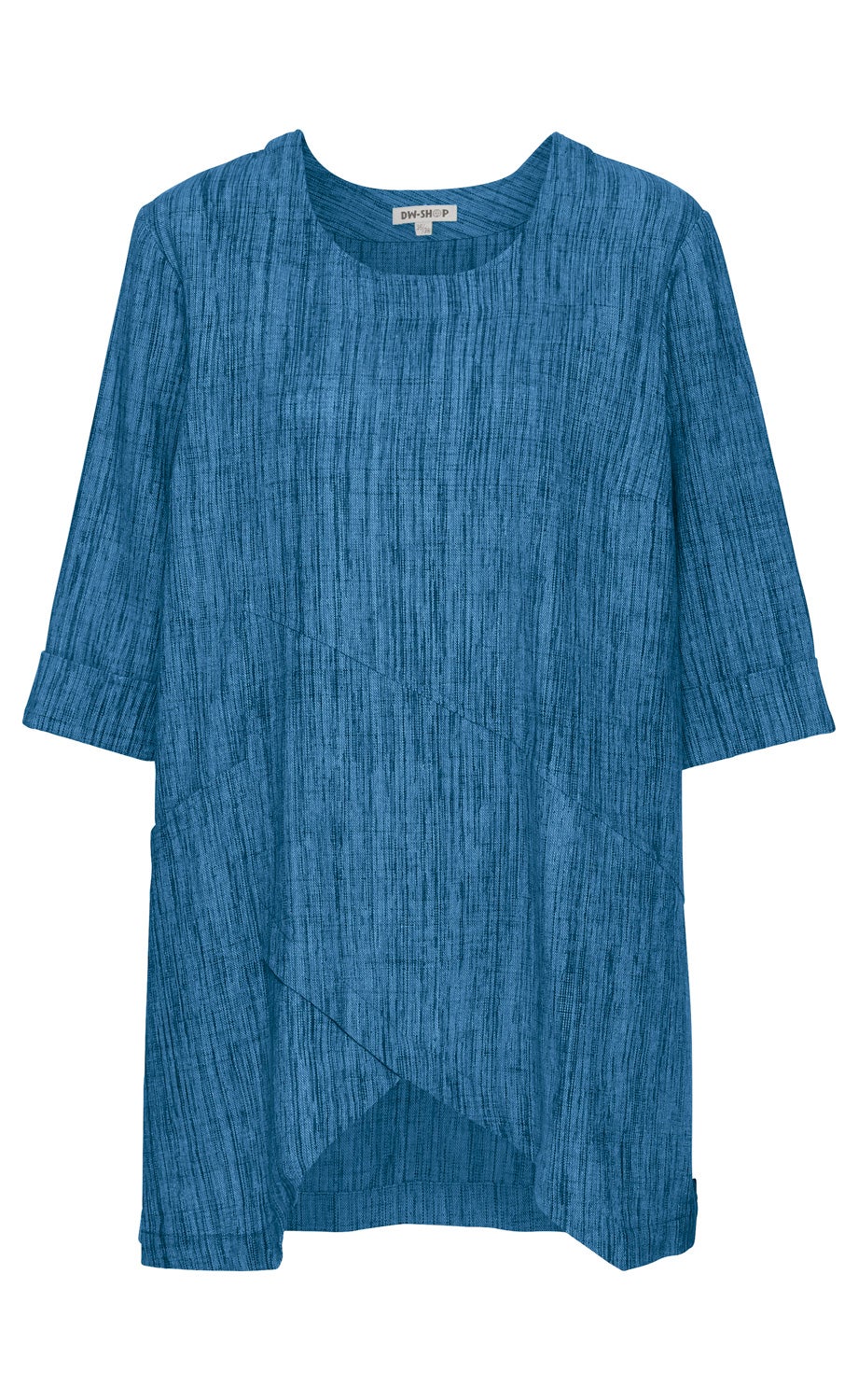 Baumwoll-Schlupfbluse in Blau mit 3/4-Ärmeln, rundem Halsausschnitt, asymmetrischem Saum und feiner Musterstruktur, locker geschnitten, leicht transparent, casual Design