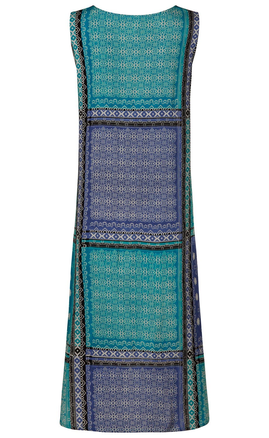 Ärmelloses Viskose-Kleid in Midi-Länge mit geometrischem Muster in Blau- und Türkistönen, bestehend aus quadratischen Feldern mit Blumen- und Linienornamenten, geradem Schnitt und Rundhalsausschnitt, Rückansicht.