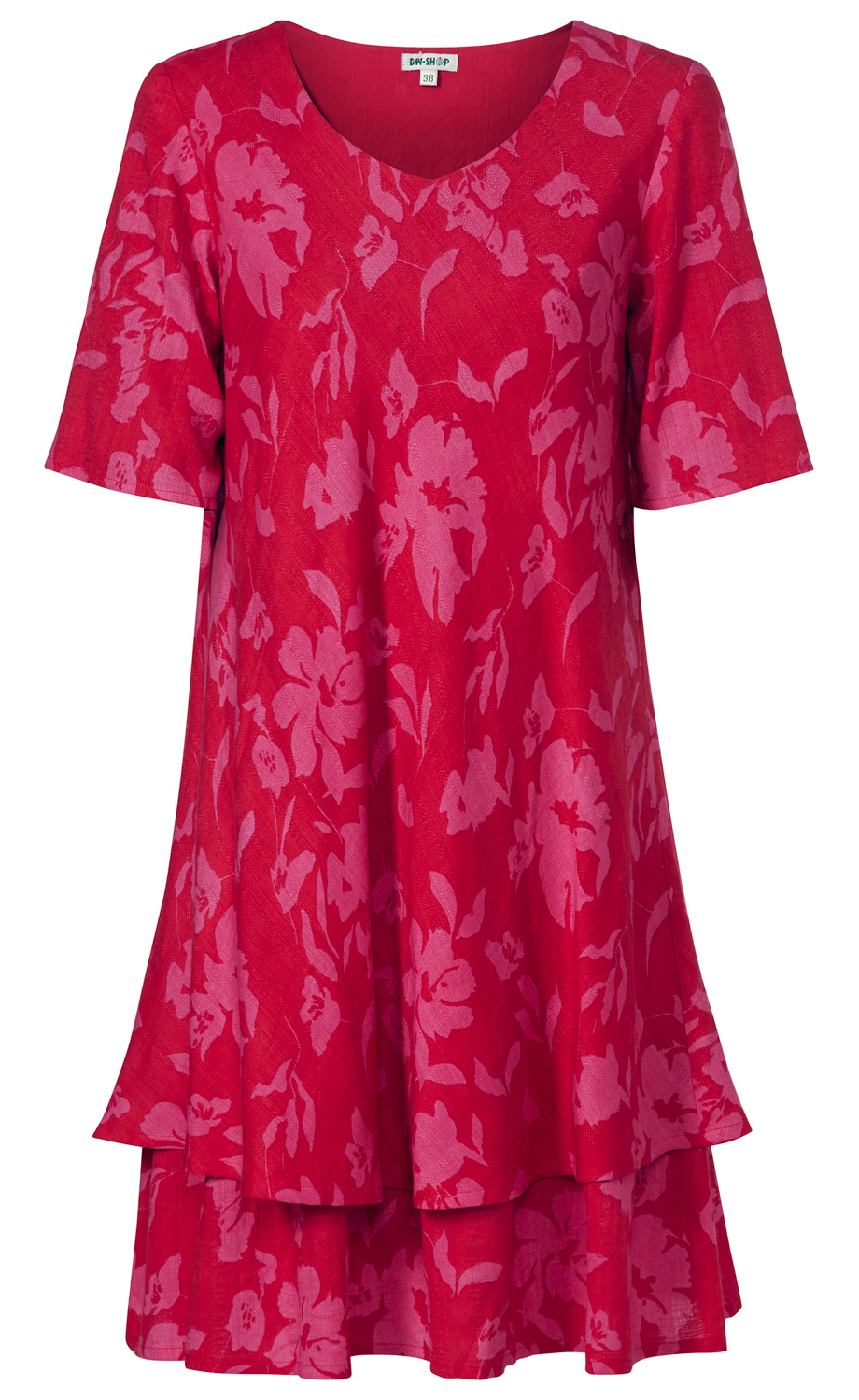 Rotes Baumwoll-Mix-Kleid mit kurzem Arm, V-Ausschnitt und floralen Druck in Rosatönen, zweiteiliger Stufenrock, fließende A-Linien-Silhouette, Größe 38, Marke DW-Shop