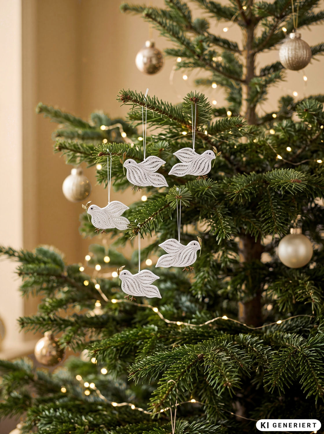 Weihnachtsbaum mit grünen Nadeln, dekoriert mit weißen Taubenornamenten und goldfarbenen Kugeln, umgeben von warmen Lichterketten im Hintergrund