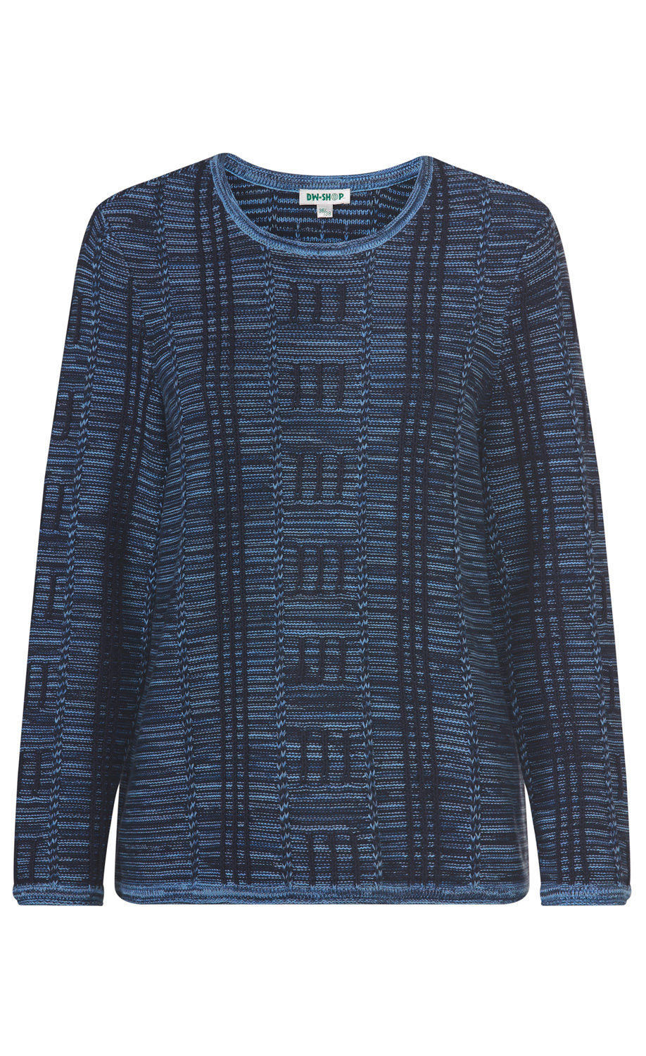 Baumwoll-Pullover langarm, rundhalsausschnitt, blauer und dunkelblauer Strick mit vertikalen Mustern, gerader Schnitt, Größe 38/38, Marke DW-SHOP