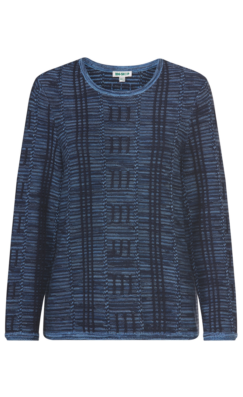 Baumwoll-Pullover langarm, rundhalsausschnitt, blauer und dunkelblauer Strick mit vertikalen Mustern, gerader Schnitt, Größe 38/38, Marke DW-SHOP