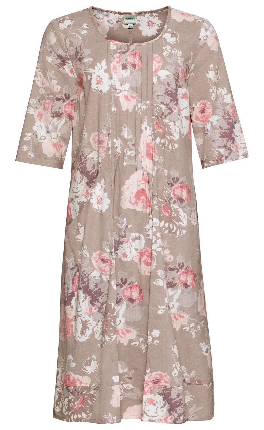 Damen Baumwoll-Mix-Kleid mit 3/4-Ärmeln, rundem Ausschnitt, beige Grundfarbe und floralem Muster in Weiß, Rosa und Violett, mit vertikalen Ziernähten am Vorderteil, knielang