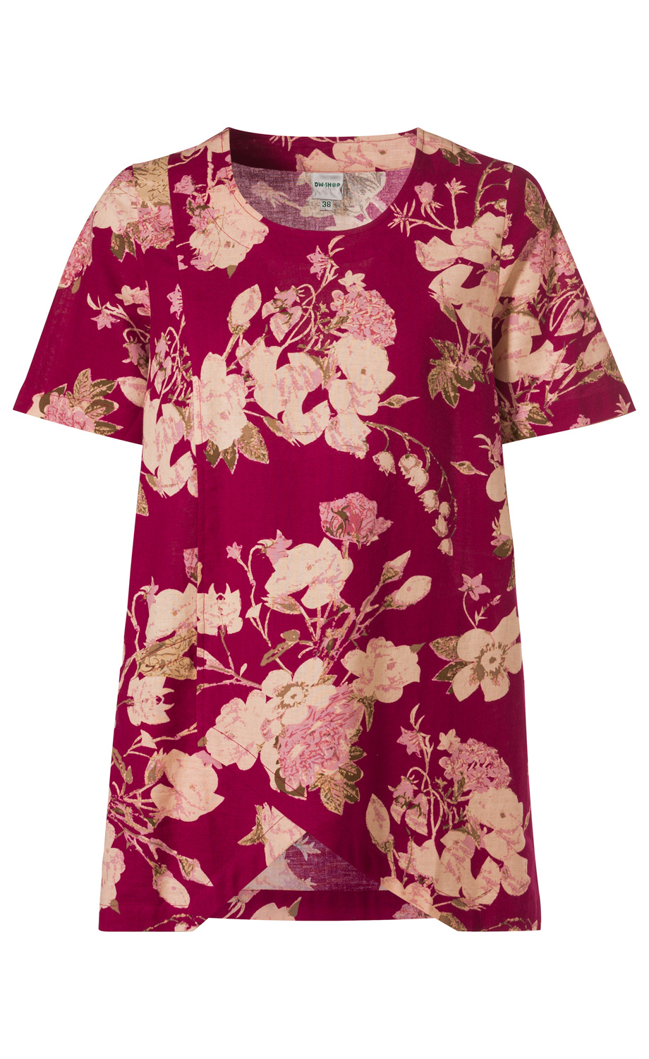 Baumwoll-Mix-Bluse in Pink mit großflächigem floralen Muster in Hellrosa und Grün, kurzärmelig, Rundhalsausschnitt, lockere Passform
