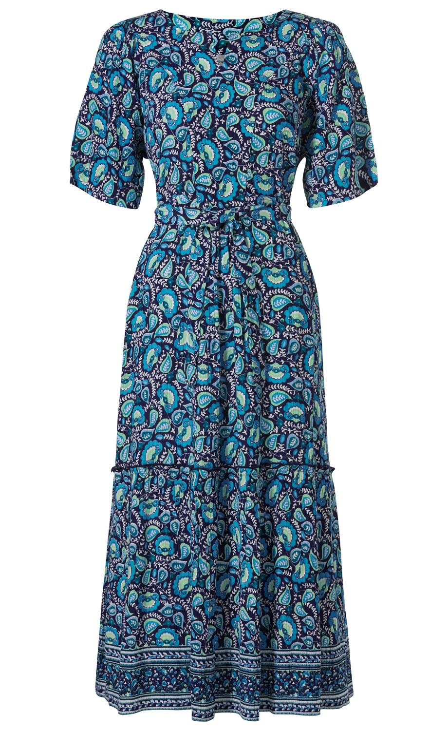 Viskose-Kleid mit kurzem Arm, Gürtel in der Taille, blaues Grundmuster mit floralem Print in verschiedenen Blautönen und Weiß, knielang, weite Ärmel, Stufenrock mit Bordürenmuster am Saum