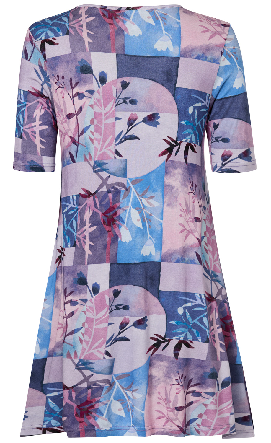 Viskose-Shirt mit kurzem Arm, A-Linie Schnitt, abstraktem floralen Muster in Pastelltönen wie Blau, Rosa, Lila und Dunkelrot, quadratische und runde geometrische Formen, weicher fließender Stoff