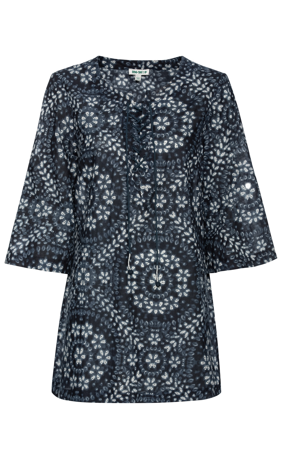 Damen Viskose-Mix-Tunika in Blau mit weißem Batik-Muster, 3/4-Ärmeln, V-Ausschnitt mit Schnürung und lockerer Passform