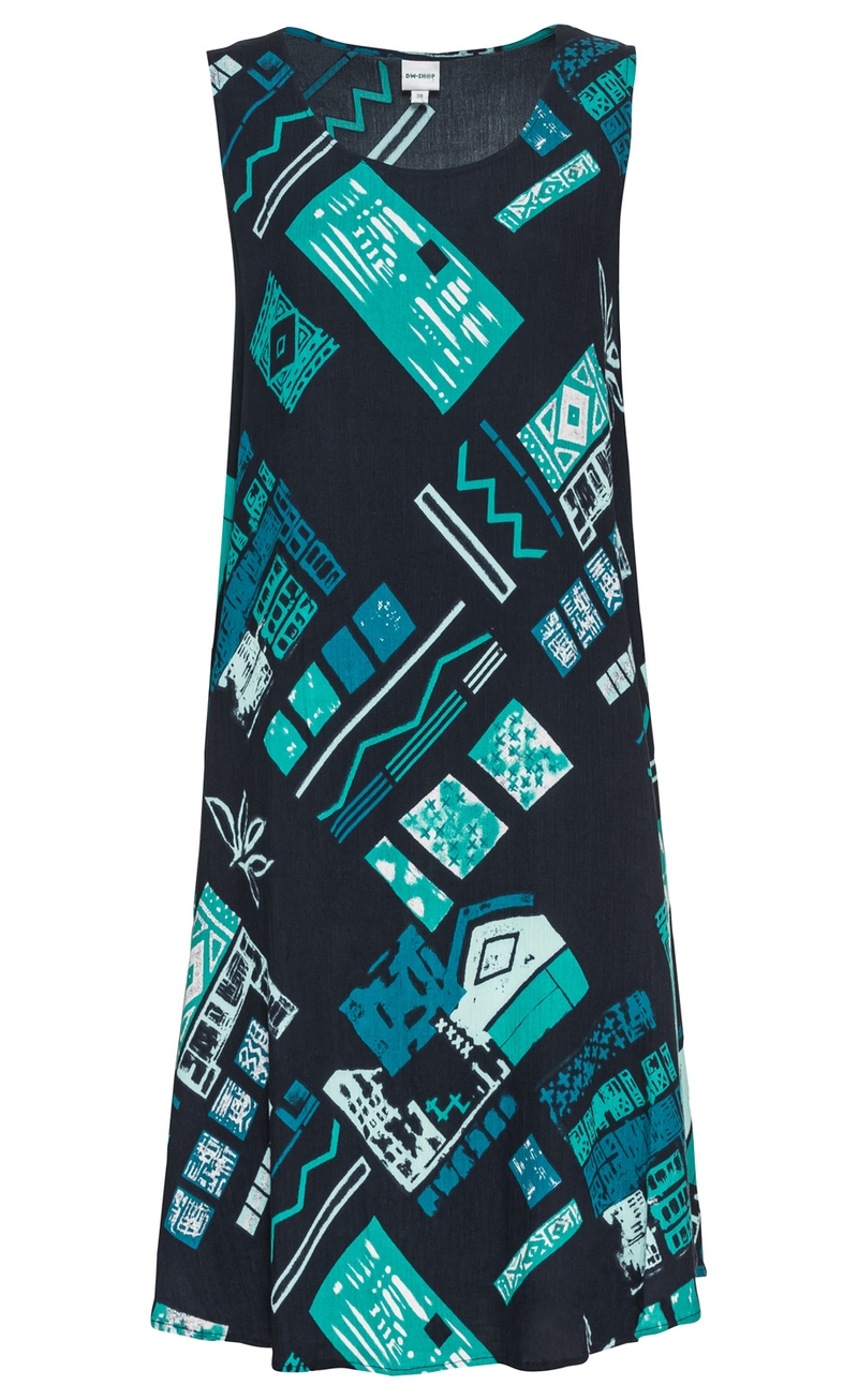 Ärmelloses Viskose-Kleid in Dunkelblau mit abstraktem Muster aus türkisfarbenen, hellblauen und weißen geometrischen Formen und Linien, Rundhalsausschnitt, leicht ausgestellt