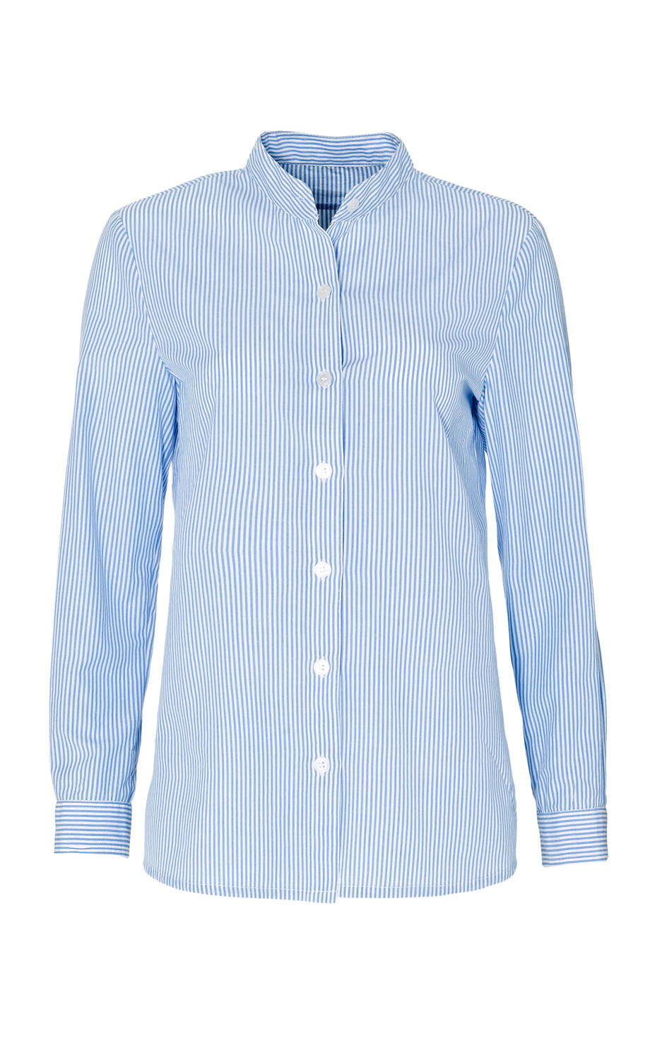 Baumwoll-Bluse mit langen Ärmeln, Stehkragen und durchgehender Knopfleiste, blau-weiß gestreift, gerader Schnitt, Manschetten am Ärmelabschluss, klassische Hemden-Optik