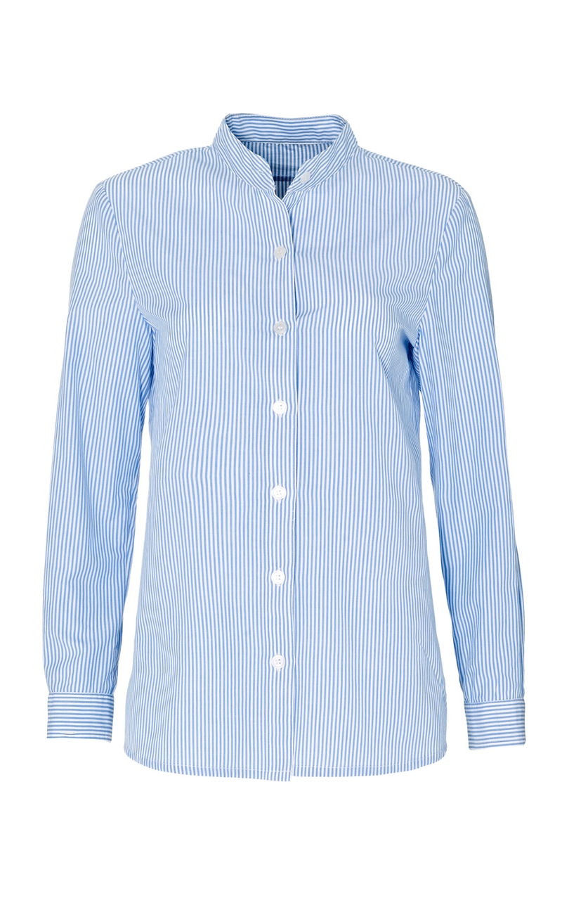 Baumwoll-Bluse mit langen Ärmeln, Stehkragen und durchgehender Knopfleiste, blau-weiß gestreift, gerader Schnitt, Manschetten am Ärmelabschluss, klassische Hemden-Optik