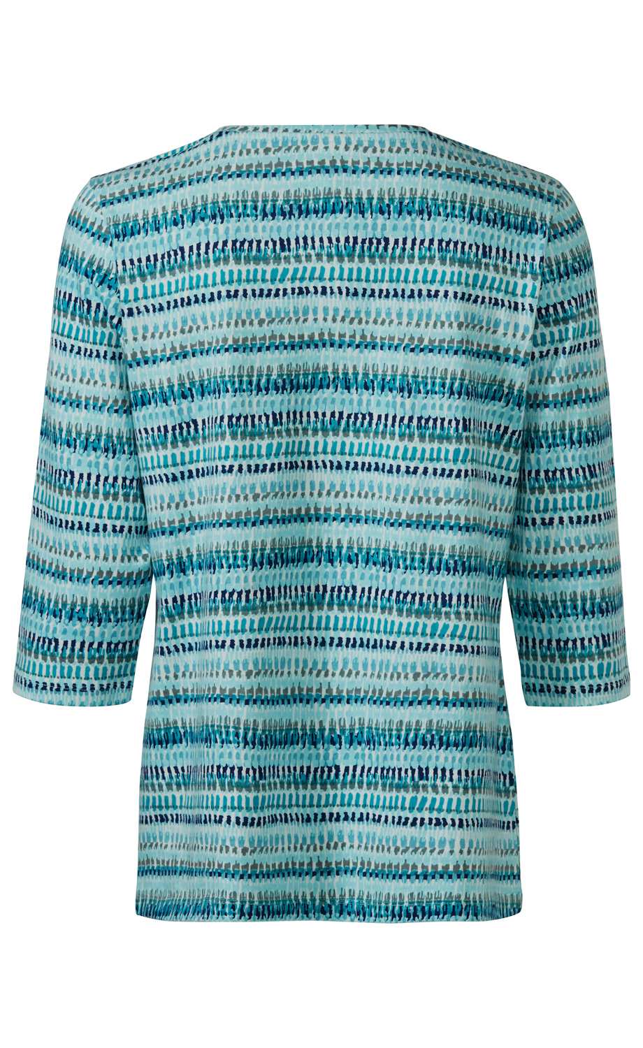 Baumwoll-Shirt mit 3/4-Ärmeln, Rückansicht, Muster aus horizontalen Streifen in verschiedenen Blautönen und Grau, locker geschnitten.