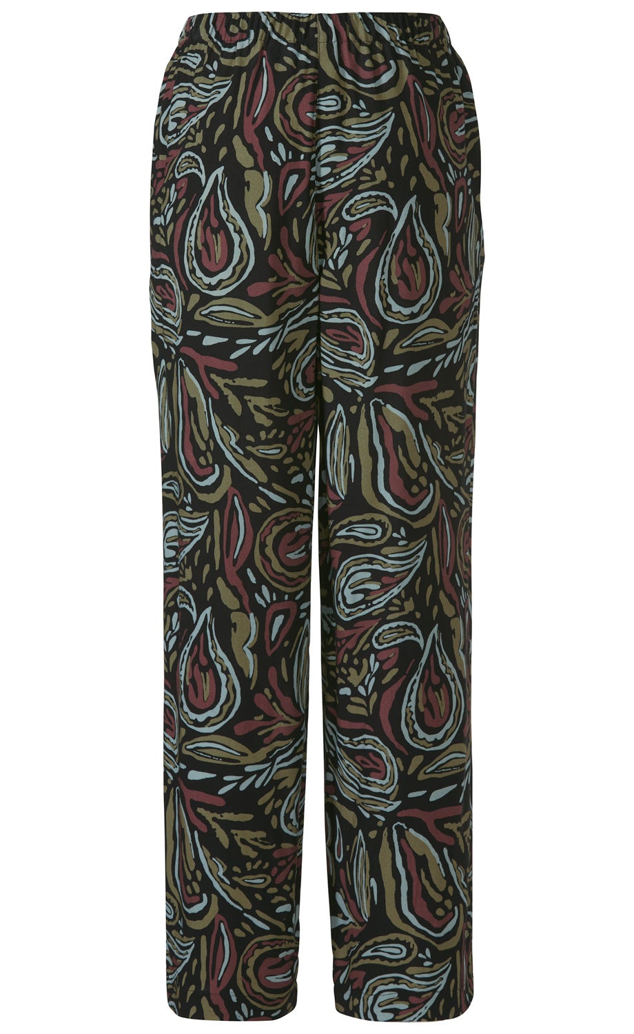 Viskose-Hose mit elastischem Bund, locker geschnitten, schwarze Grundfarbe, abstraktes Muster in Blau, Rot und Olivgrün, durchgehende Beinlänge, weicher und fließender Stoff