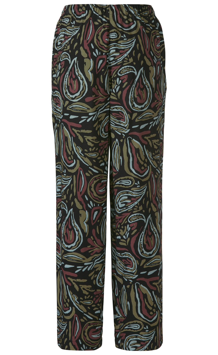 Viskose-Hose mit elastischem Bund, locker geschnitten, schwarze Grundfarbe, abstraktes Muster in Blau, Rot und Olivgrün, durchgehende Beinlänge, weicher und fließender Stoff