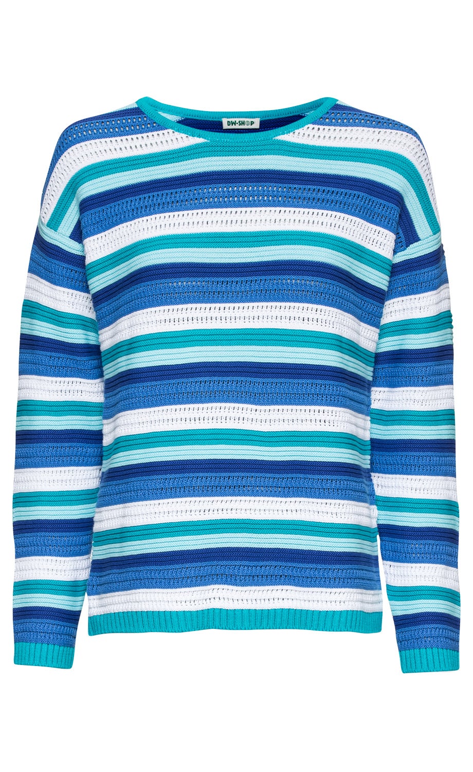 Baumwoll-Pullover in Blau-, Türkis- und Weißtönen mit horizontalen Streifen und leichtem Lochmuster, rundem Ausschnitt und langen Ärmeln, sportlich und bequem geschnitten
