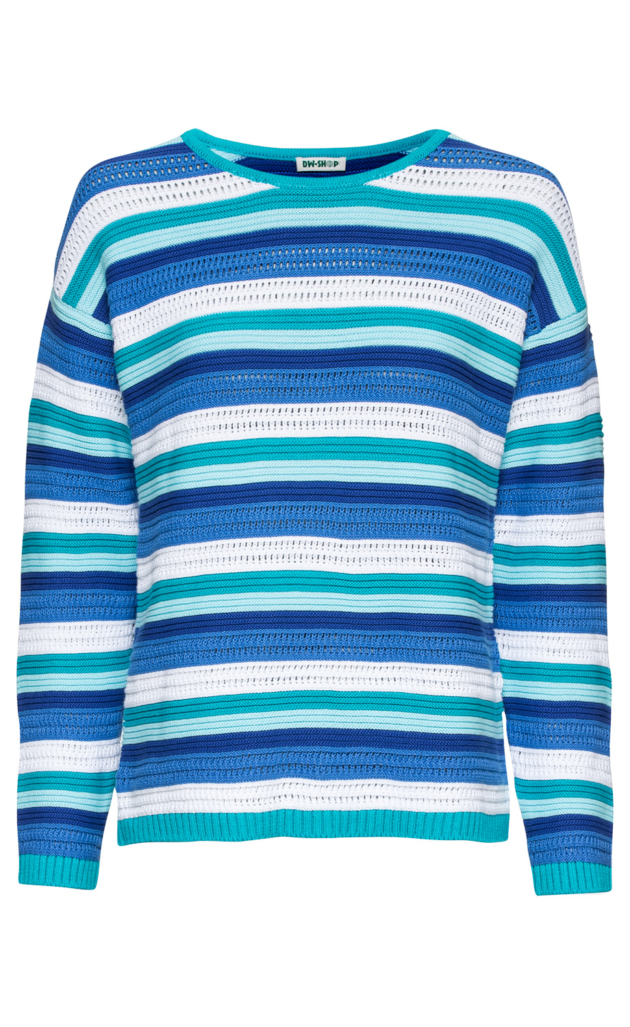 Baumwoll-Pullover in Blau-, Türkis- und Weißtönen mit horizontalen Streifen und leichtem Lochmuster, rundem Ausschnitt und langen Ärmeln, sportlich und bequem geschnitten
