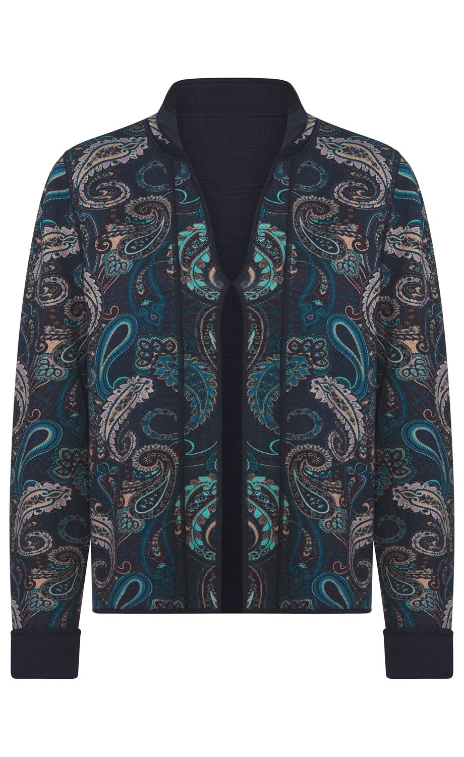 Dunkelblaue Jacke mit orientalischem Paisley-Muster in Türkis, Hellblau, Beige und Braun, Stehkragen, offene Front und umgeschlagene Ärmelbündchen
