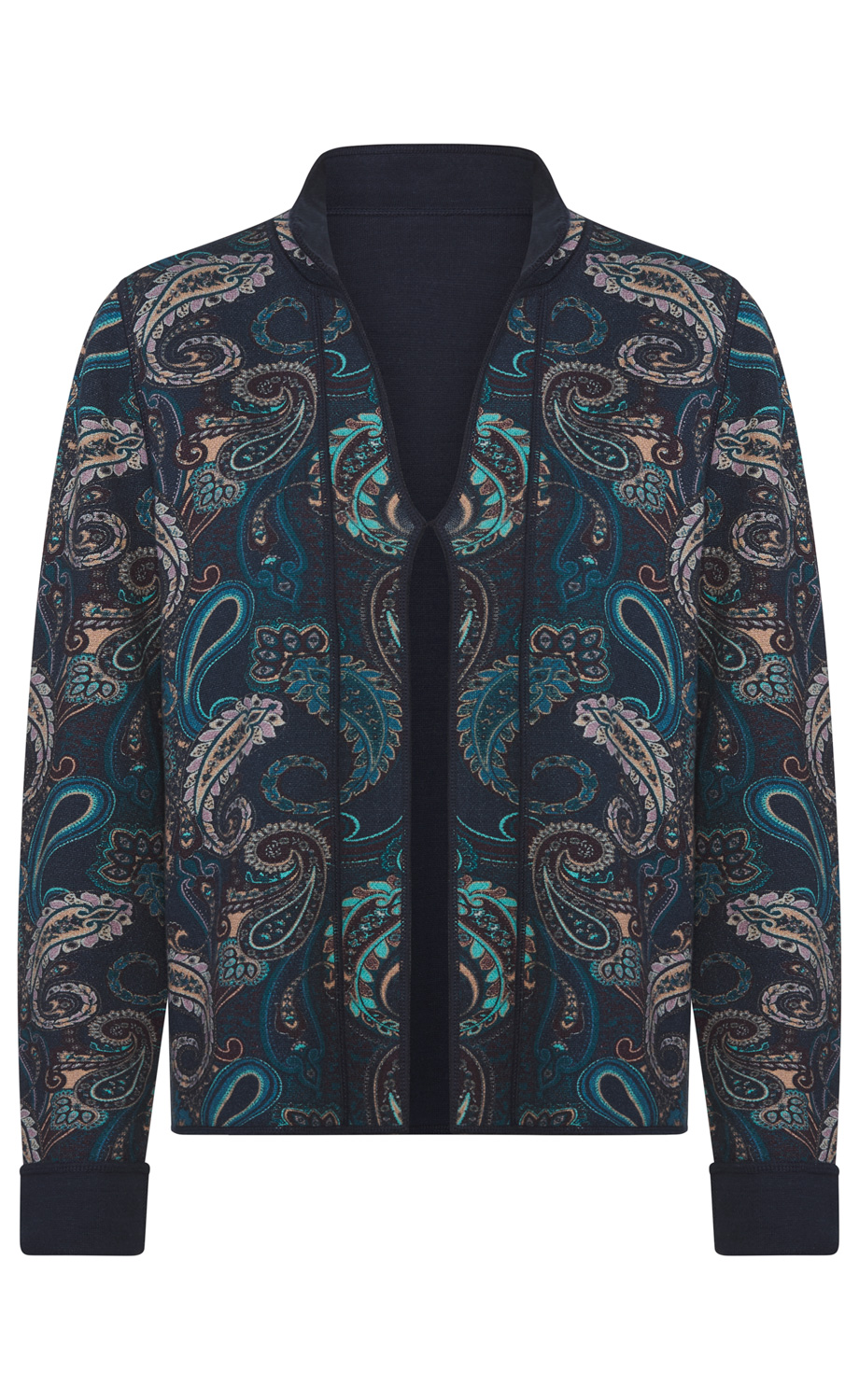 Dunkelblaue Jacke mit orientalischem Paisley-Muster in Türkis, Hellblau, Beige und Braun, Stehkragen, offene Front und umgeschlagene Ärmelbündchen