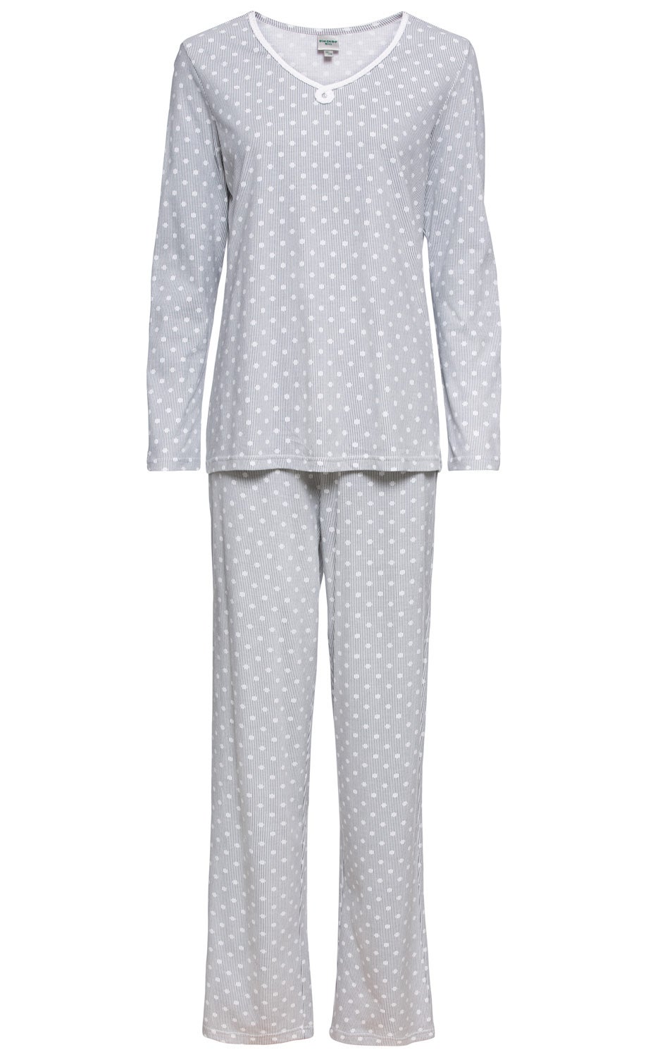 Baumwoll-Pyjama bestehend aus langärmeligem Oberteil und langer Hose, hellgrau mit weißen Punkten und feinen Streifen, V-Ausschnitt mit weißer Kante und Knopf, komfortabler Schnitt