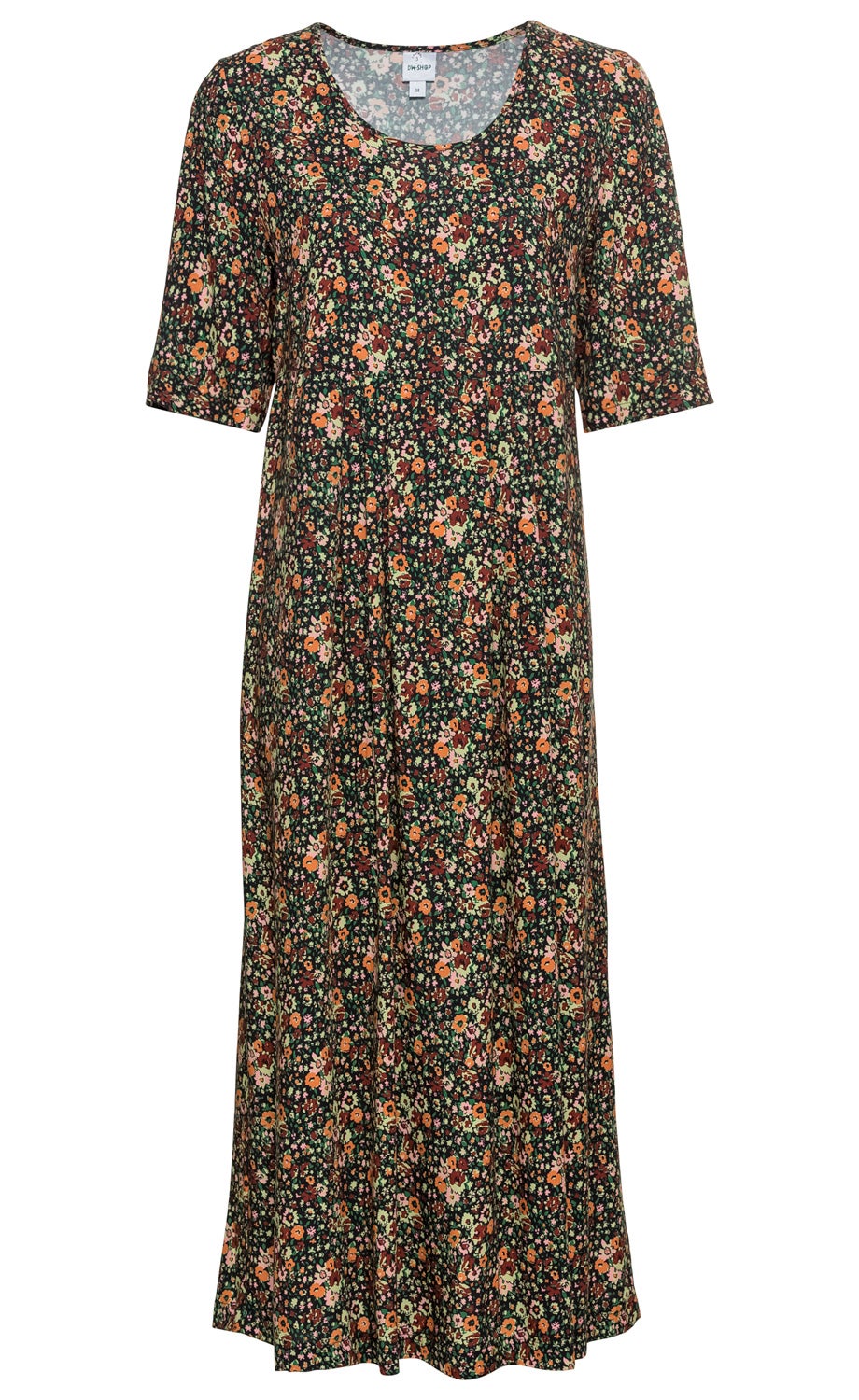 Viskose-Kleid mit rundem Ausschnitt und halblangen Ärmeln, dunkelgrün mit kleinem, buntem Blumenmuster in Orange, Rot, Rosa und Beige, knielang, lockere Passform, leicht ausgestellter Rock