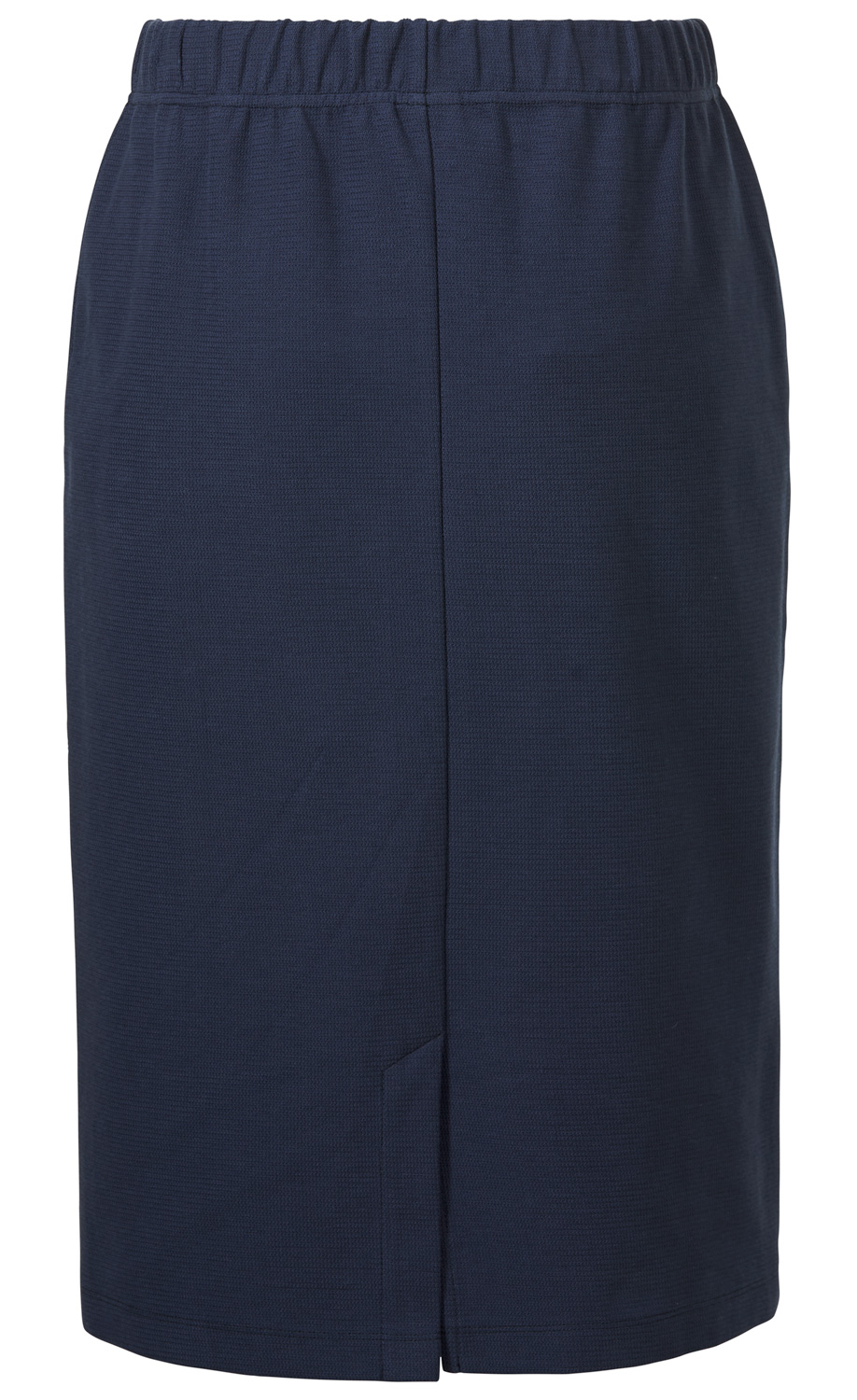 dunkelblauer Baumwoll-Rock mit elastischem Bund und kleinem Schlitz vorne, gerade geschnitten, knielang, schlichtes Design