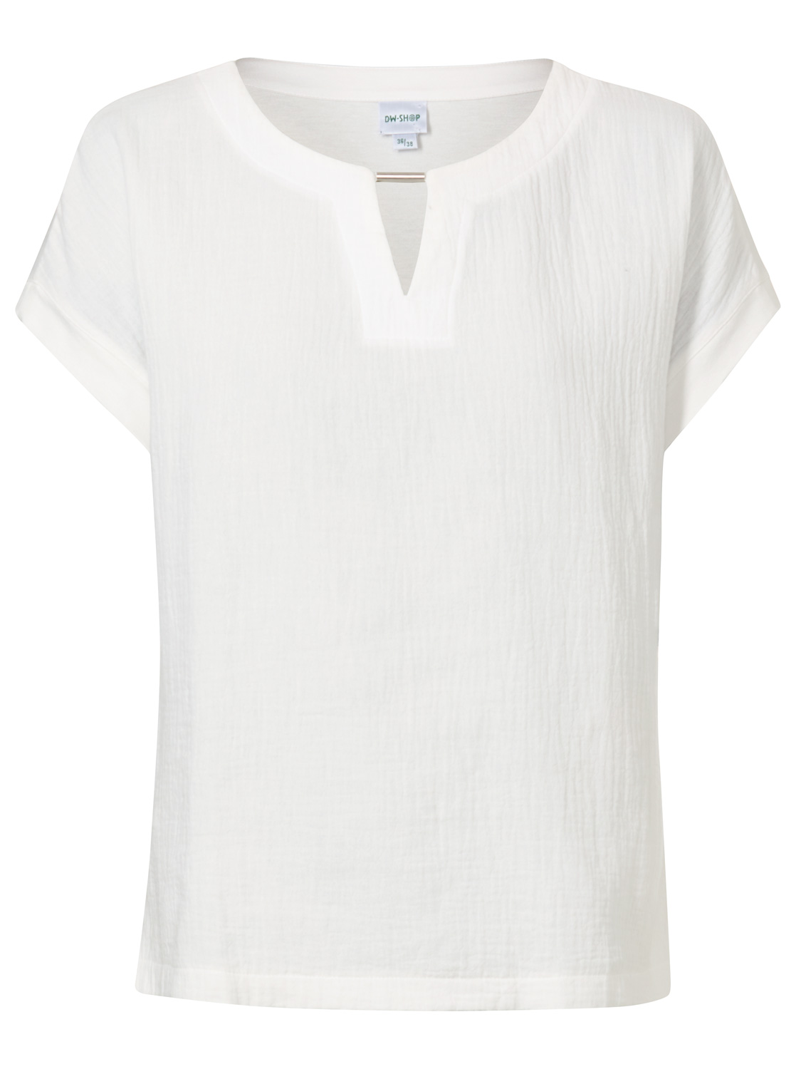 weißes kurzärmeliges Baumwoll-Mix-Shirt für Damen mit rundem Ausschnitt und kleinem Schlitz vorne, leichte Struktur im Stoff, lockere Passform, lässiges Design