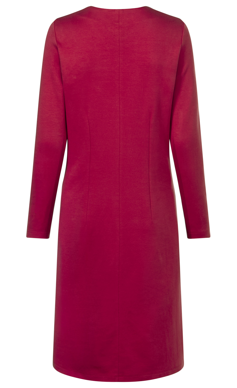 Baumwoll-Mix-Kleid in Rot, lange Ärmel, schlichte Rückansicht ohne Muster oder Verzierungen, knieumspielende Länge, figurbetonte Nahtführung, Rundhalsausschnitt, glatter Stoff, dezenter, eleganter Stil