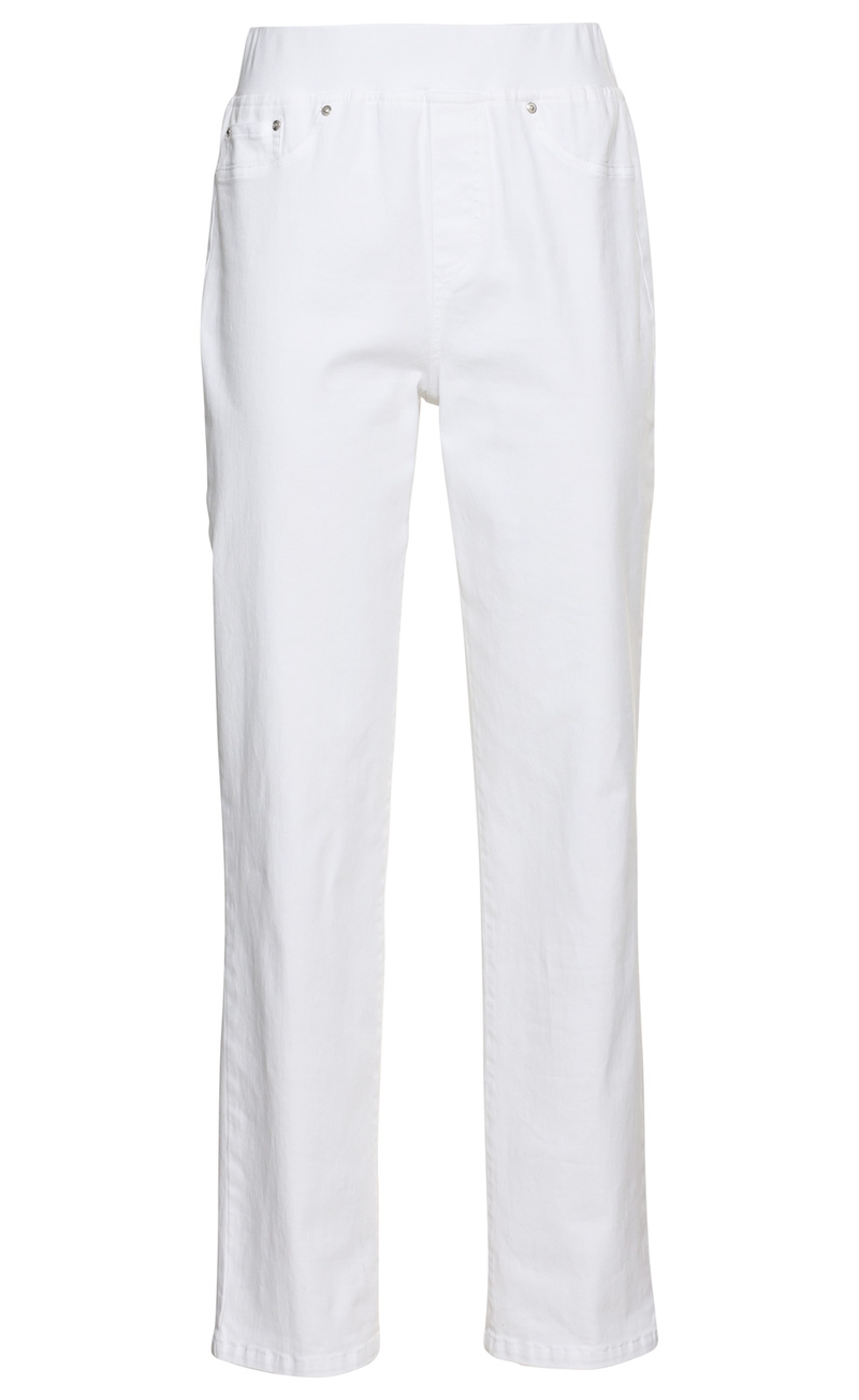 Weiße Baumwoll-Mix-Hose mit elastischem Bund, geradem Bein, zwei vorderen Taschen mit Nieten, ohne sichtbaren Verschluss, schlichtes Design, klassischer Schnitt, geeignet für den Alltag.