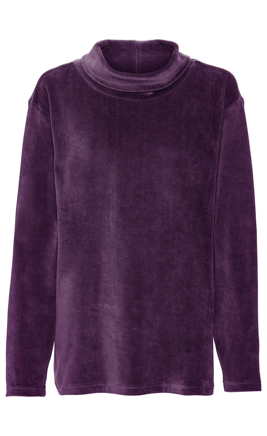 lila langärmliges Samtshirt mit hohem, locker gefaltetem Kragen, gerade geschnitten, ohne Muster oder Aufdruck, schlicht und weich aussehend