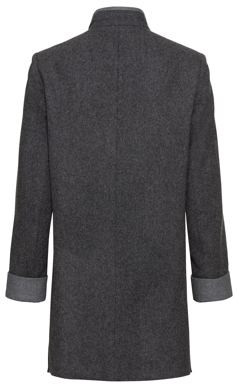 dunkelgraue Woll-Mix-Jacke, Rückansicht, mittellang, schlichter Schnitt, umgeschlagene Ärmelbündchen in hellerem Grau, stehkragen, gerade Saum, dezente Mittelnaht, ohne sichtbare Verschlüsse oder Verzierungen