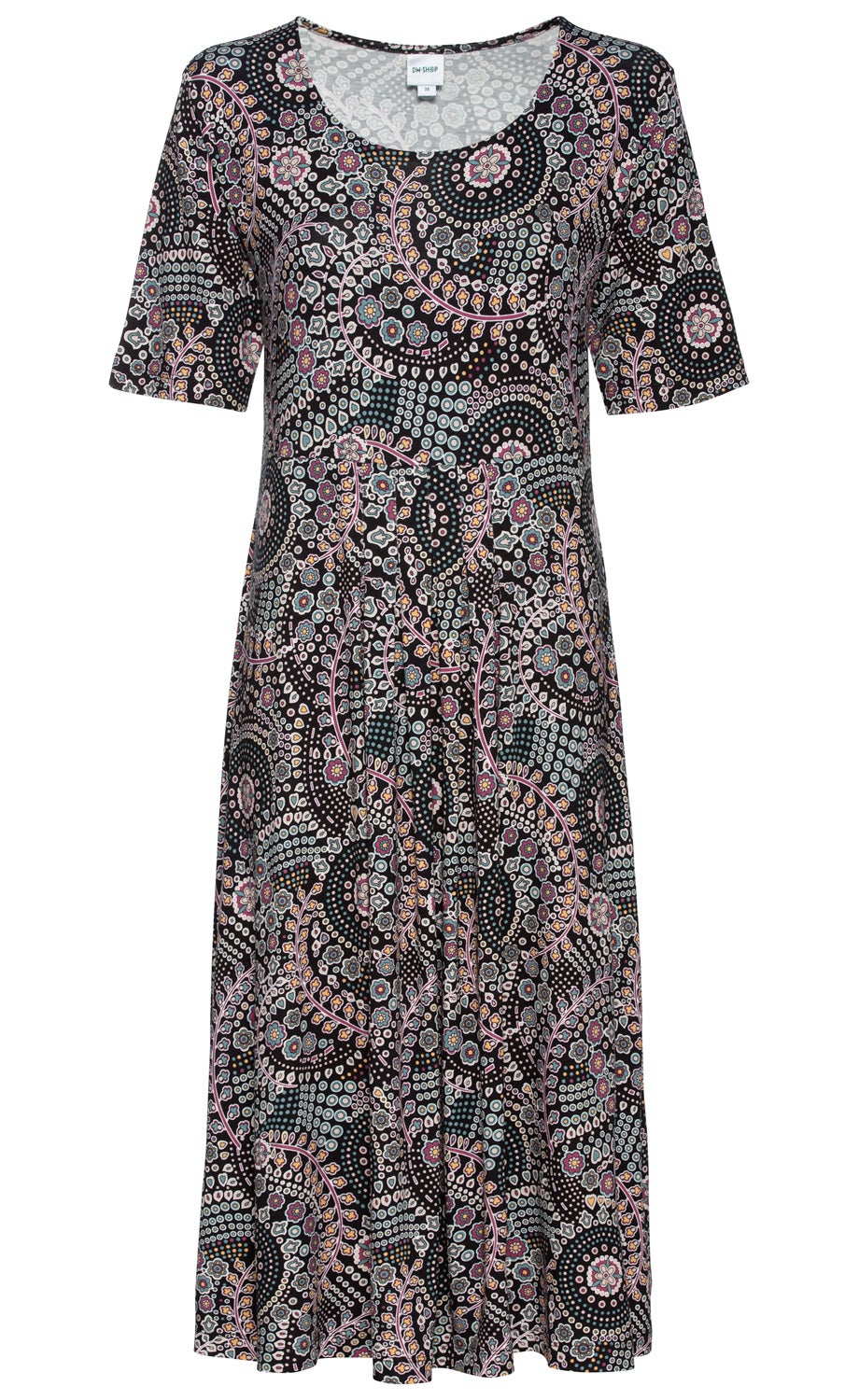 Viskose-Mix-Kleid mit halblangen Ärmeln, rundem Ausschnitt und ausgestelltem Rock, schwarzgrundig mit buntem, floralen Paisley-Muster in Rosa, Blau, Gelb und Weiß