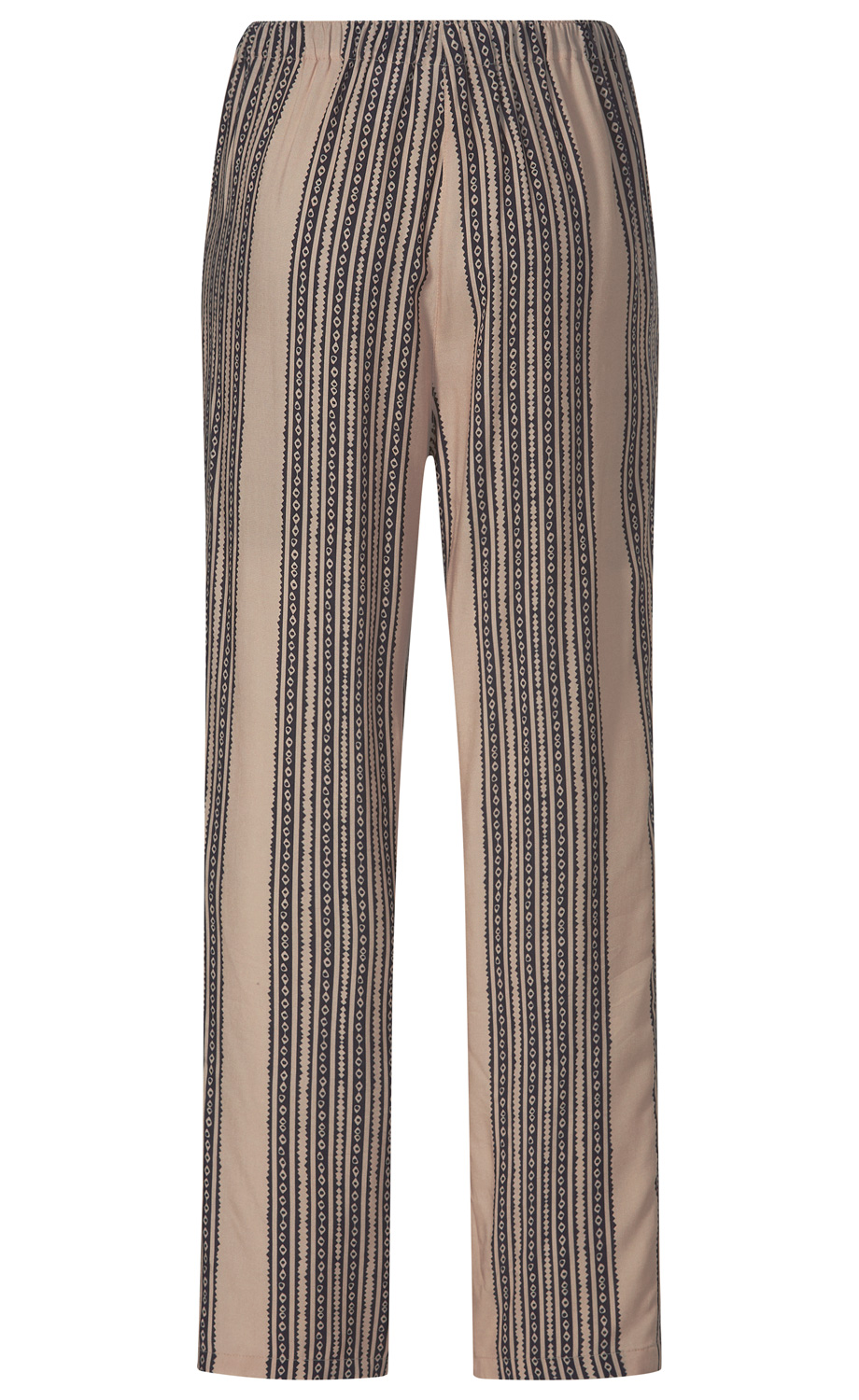 Beige Viskose-Hose mit elastischem Bund, gerade geschnitten, mit schwarzen vertikalen Streifen und kleinem geometrischem Muster, ohne Taschen und mit schmal zulaufendem Beinabschluss.