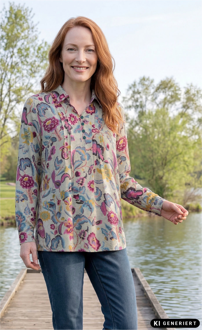 Frau mit roten Haaren trägt bunte Modal-Bluse mit floralem Muster, langärmlig, Hemdblusenkragen, steht auf Steg am See, trägt blaue Jeans, im Hintergrund grüne Bäume unter blauem Himmel.