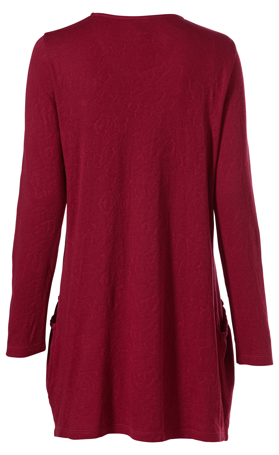 Rückansicht eines langen ärmellosen Baumwoll-Shirts in dunklem Rot mit floralem Strukturmuster, locker fallend, mit Seitentaschen, rundem Halsausschnitt und leicht verlängertem Rücken.
