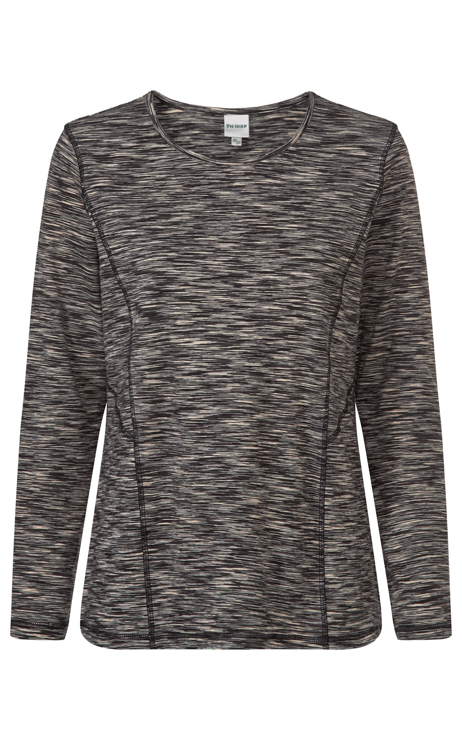 Langärmeliges Baumwoll-Shirt mit rundem Ausschnitt, in meliertem Grau-Schwarz mit engen schwarzen Nähten, gerade geschnitten, schlichtes Design, leichte Struktur, Größenetikett sichtbar am Kragen.