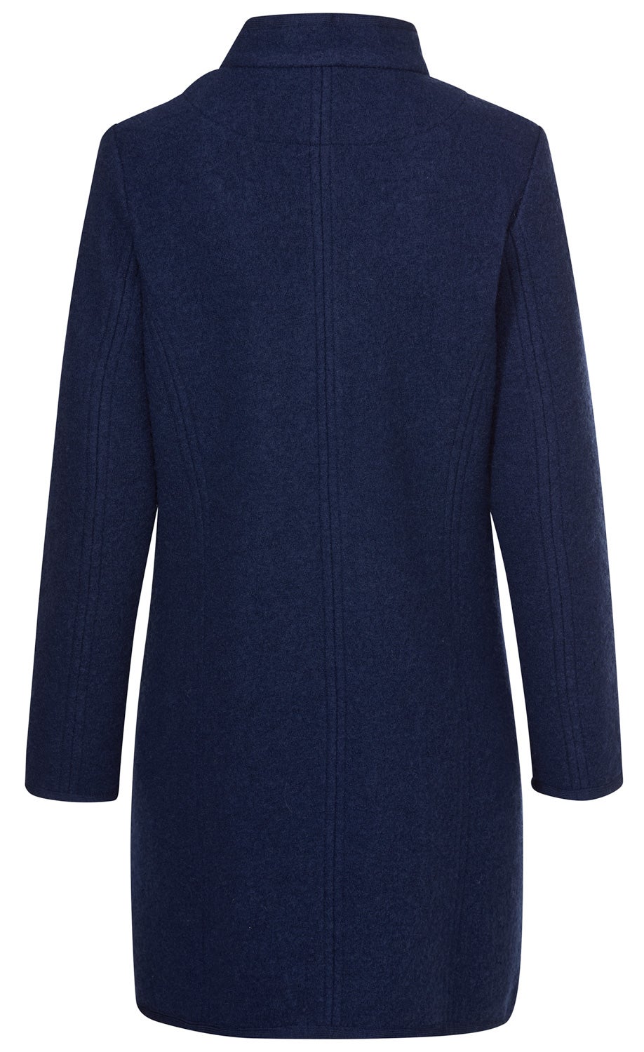 Dunkelblaue Woll-Jacke in mittlerer Länge, Rückansicht, mit Stehkragen und vertikalen Ziernähten, lange Ärmel, schlichte und elegante Verarbeitung ohne sichtbare Verschlüsse oder Muster.